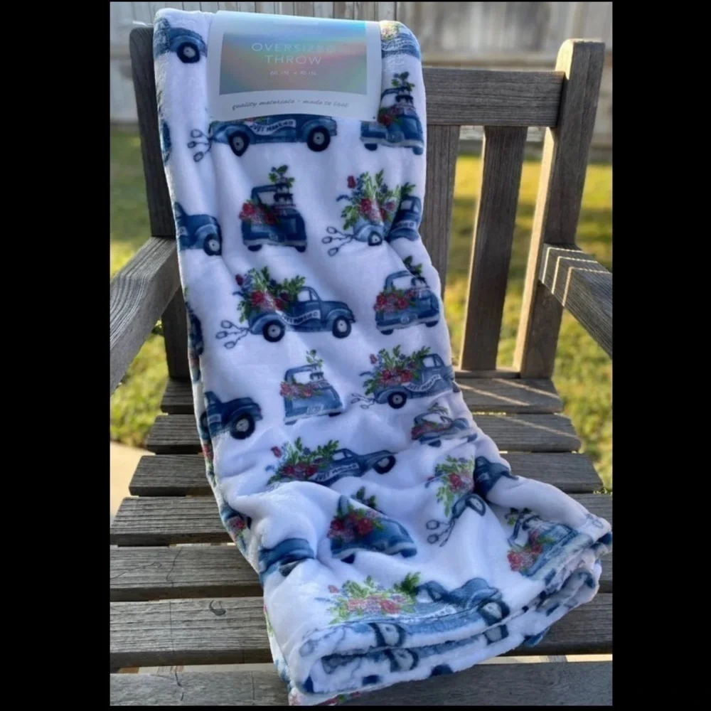 Farmhouse Blue Truck JUST MARRIED Plush Throw NWT